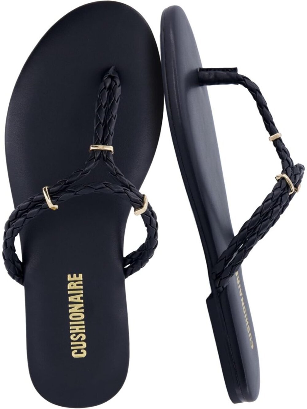 Women's Black Comfortable Trio Flip Flops with Braided Thong Strap Sandals